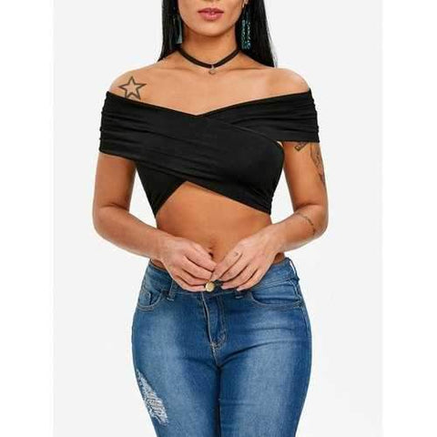 Off The Shoulder Tie Back Crop Top - Black M