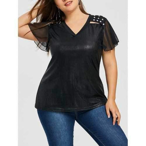 Plus Size Hollow Out Metallic Blouse - Black Xl