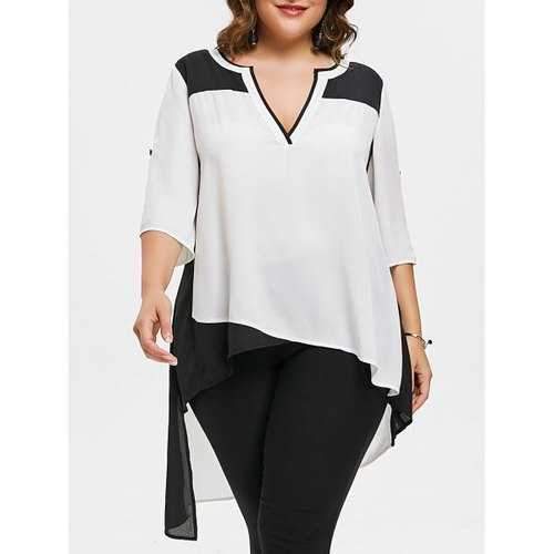 Plus Size Two Tone Asymmetric High Low Blouse - White Xl