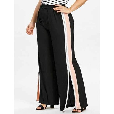 Plus Size Striped Zip Up Wide Leg Pants - Light Pink Xl