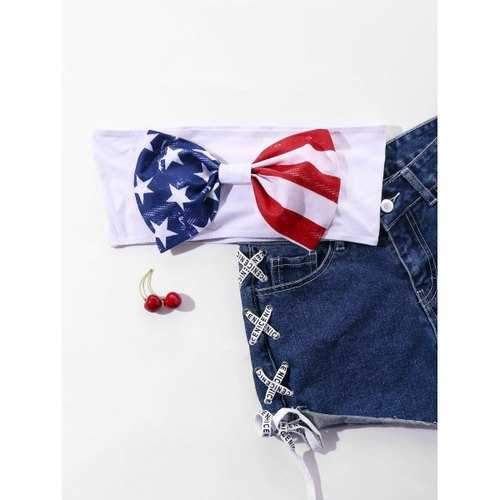 American Flag Bowknot Crop Top - M