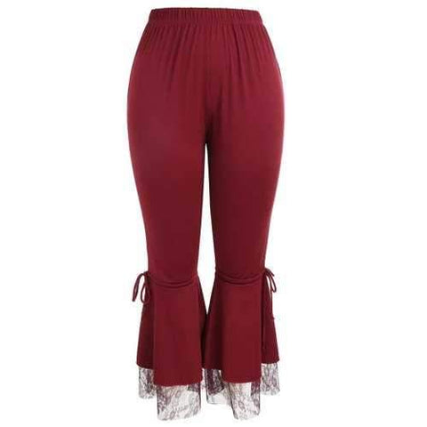 Plus Size Lace Insert Flared Pants - Wine Red Xl