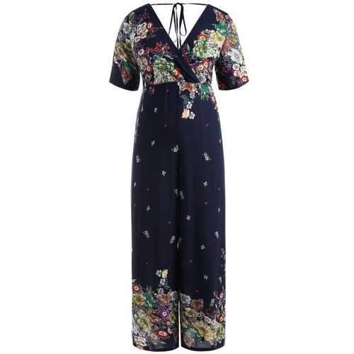 Plus Size String Floral Surplice Jumpsuit - Deep Blue 2xl