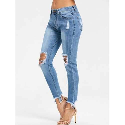 Knee Hole Frayed Skinny Jeans - Denim Blue Xl