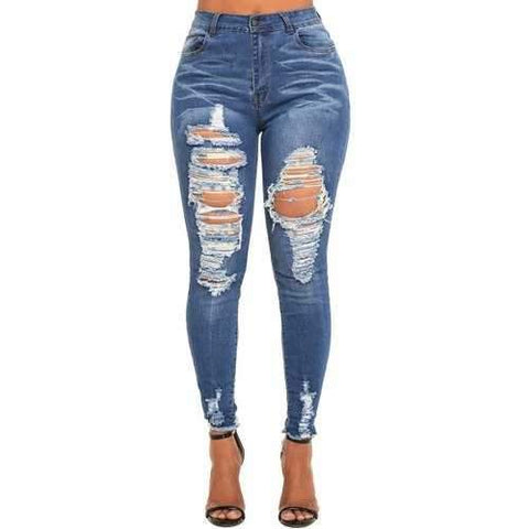 Ripped Whisker Skinny Jeans - Denim Blue S