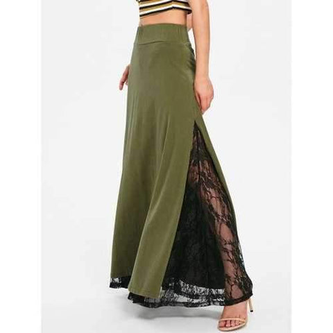 High Waist Lace Insert Maxi Skirt - Army Green L