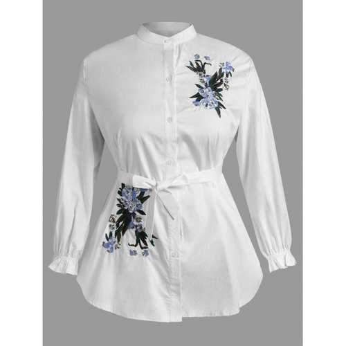 Plus Size Belted Floral Embroidery Shirt - White 3xl