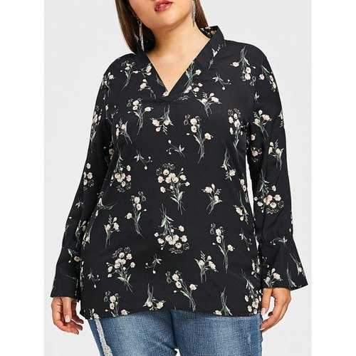 Plus Size V Neck Floral Print Blouse - Black 3xl