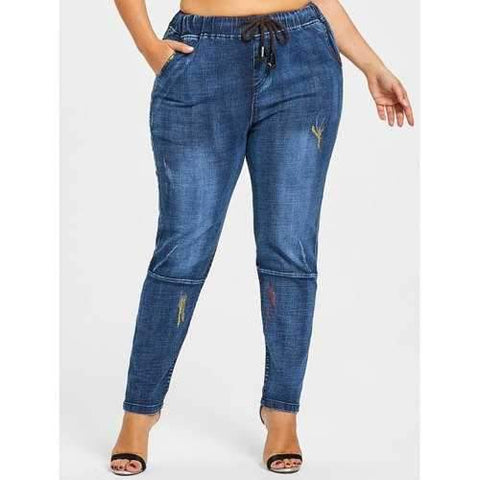 Plus Size Glitter Embellished Drawstring Waist Jeans - Denim Blue 3xl