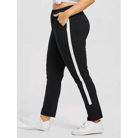 Plus Size Elastic Waist Stripe Tapered Pants - Black 3xl