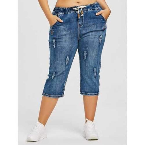 Plus Size Drawstring Waist Ripped Cropped Jeans - Denim Blue 3xl