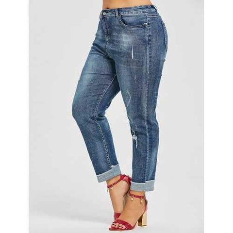 Plus Size Back Pockets Ripped Boyfriend Jeans - Denim Blue 3xl