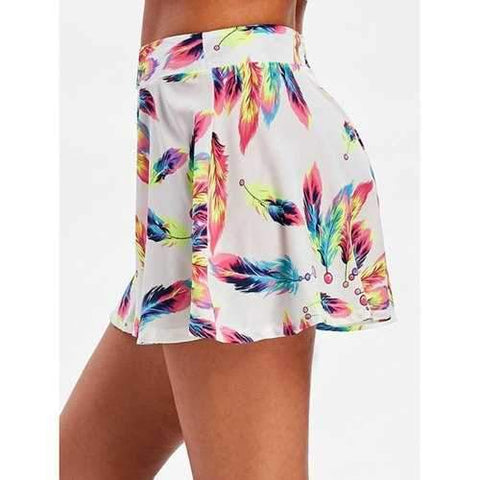 Colorful Feather Print Wide Leg Shorts - S