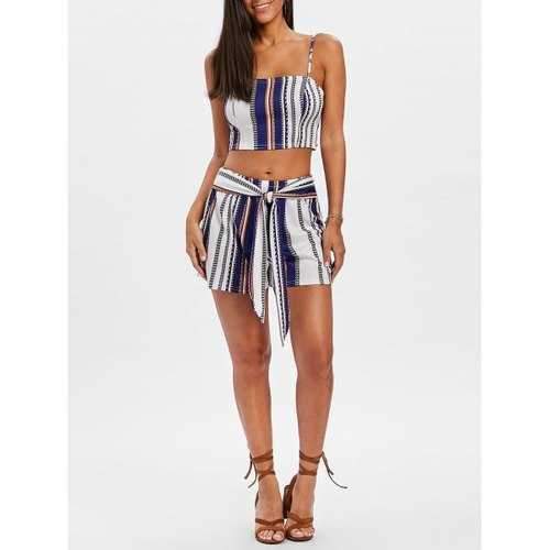 Striped Spaghetti Strap Two Piece Set - Blue Xl