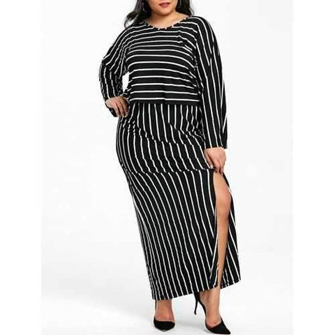 Plus Size Striped Top and Front Slit Skirt Suit - Black 3xl