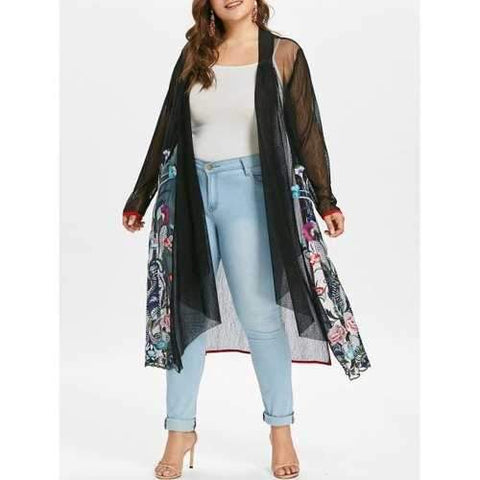 Plus Size Floral Embroidery Long Coat - Black L