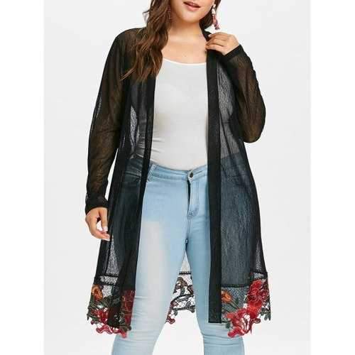 See Through Plus Size Embroidered Coat - Black L