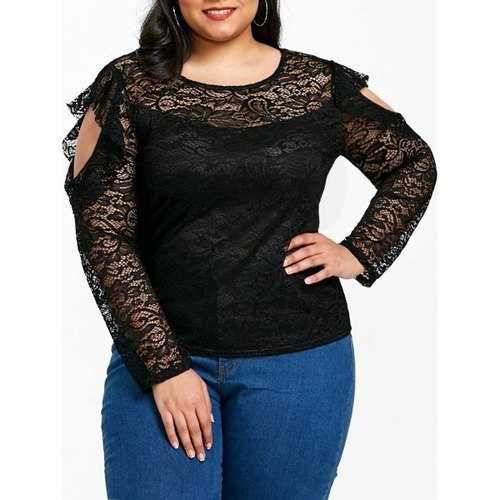 Plus Size Ruffle Sheer Lace Blouse - Black 1x