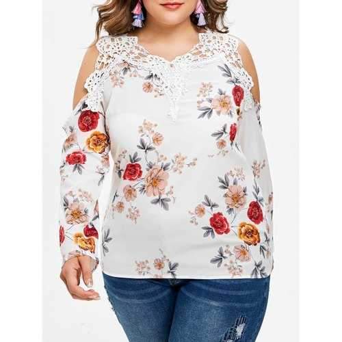 Plus Size Flower Printed Crochet Blouse - White L