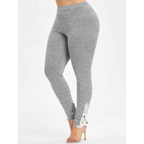 Plus Size Leggings with Lace Trim - Light Gray 3x