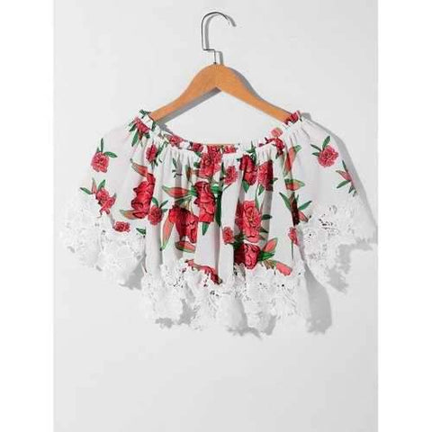 Shirred Floral Lace Crochet Crop Top - M