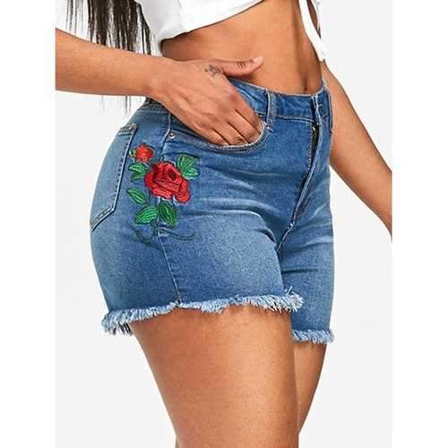 Floral Embroidery Cuff Off Jean Shorts - Denim Blue S