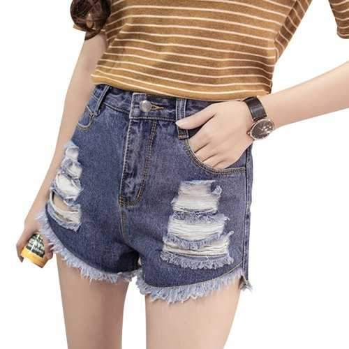 High Waist Wild Jeans Shorts - Denim Dark Blue S