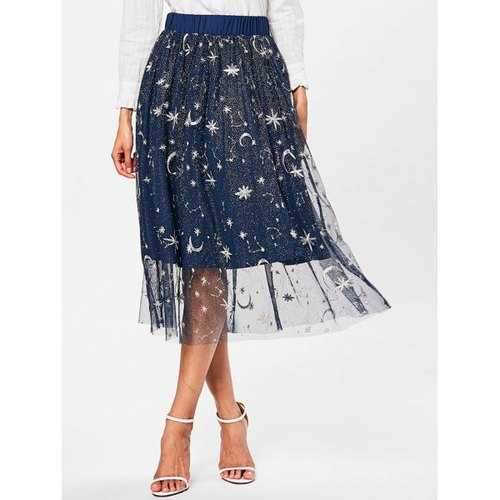 High Waist Starry Star Print Midi Skirt - Deep Blue M