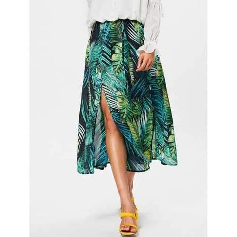 Tropical Print High Slit Midi Skirt - Green S