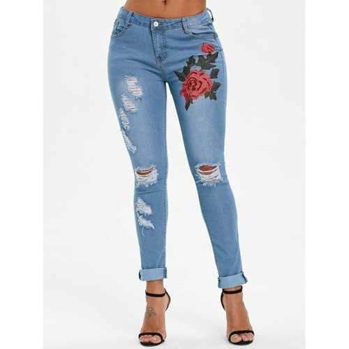 Skinny Ripped Jeans with Embroidery - Jeans Blue S