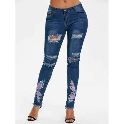 Ripped Jeans with Embroidery - Denim Dark Blue L