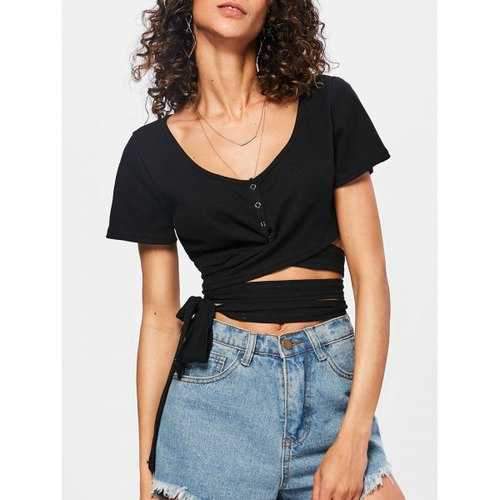 Button Embellished Ribbed Crop Top - Black L