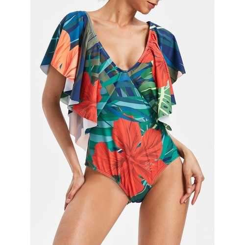 Plunge Butterfly Sleeve Flower Print Swimsuit - Medium Forest Green L