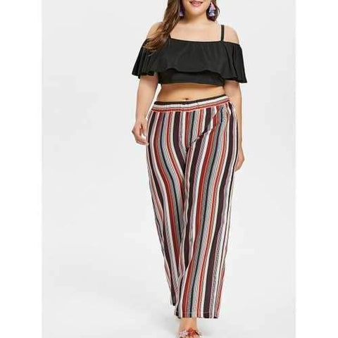 Plus Size Crop Top and Striped Palazzo Pants - Black L