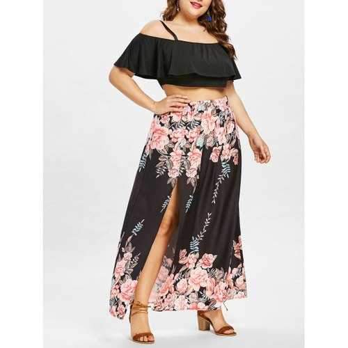 Plus Size Cami Crop Top and Flower Print Skirt - Black 3x