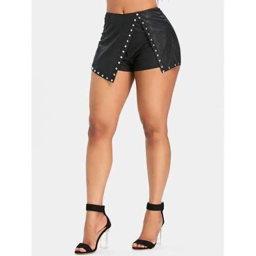 Faux Leather Rivet Overlay Shorts - Black L