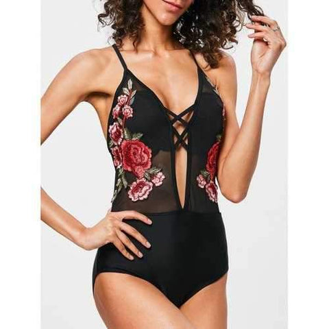 Mesh Embroidered One Piece Swimwear - Black M