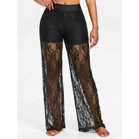 Floral Lace Wide Leg Pants - Black M