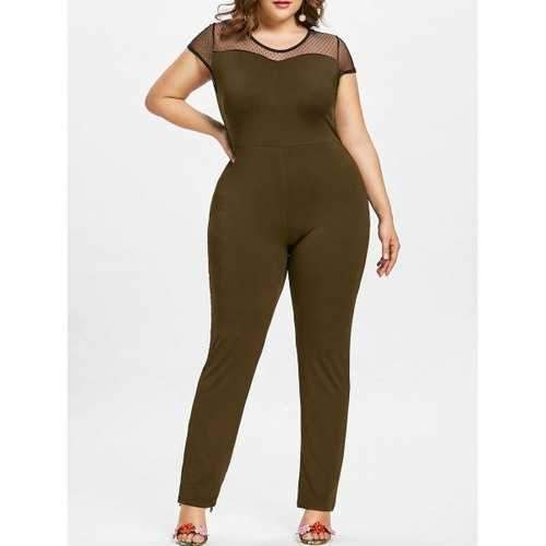 Plus Size Cap Sleeve Mesh Panel Jumpsuit - Army Green 1x