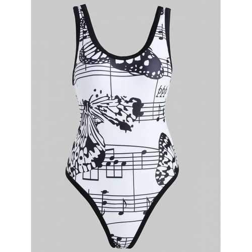 Musical Notes One Piece Low Back Swimwear - White 2xl