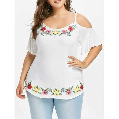 Plus Size Flutter Sleeve Floral Embroidered Blouse - White 1x