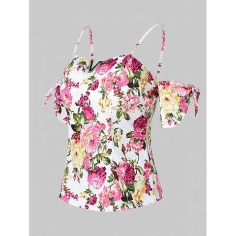 Floral Shirred Cold Shoulder Crop Top - M