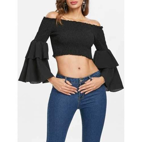 Bell Sleeve Shirred Crop Top - Black M