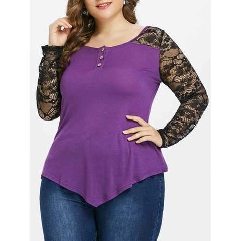 Plus Size Buttoned Lace Insert Blouse - Purple 1x