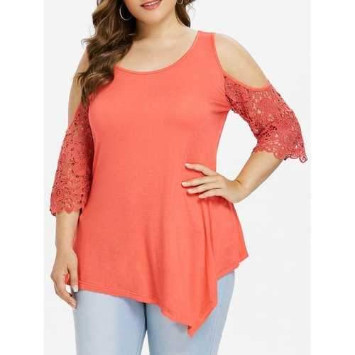 Plus Size Lace Sleeve Tunic Blouse - Orange 1x