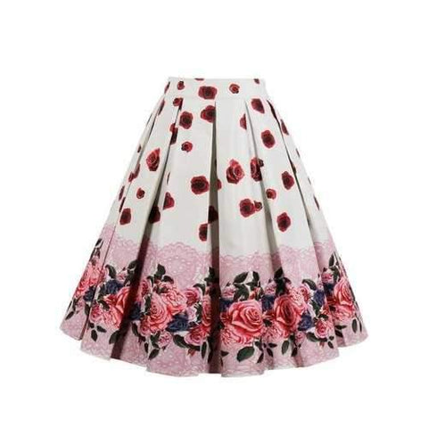 Vintage Floral Print Midi A Line Skirt - White S