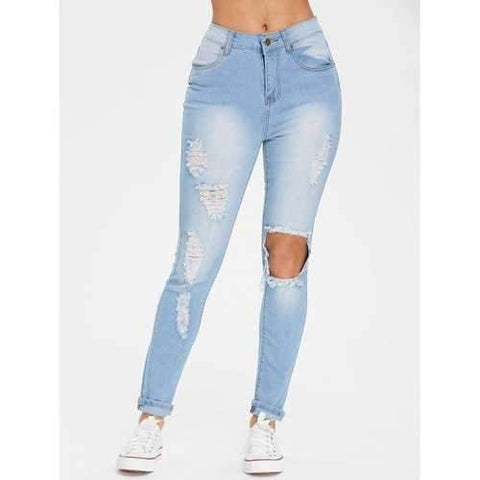 Slim Fitted Distressed Jeans - Light Sky Blue M