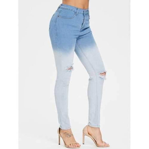 High Waist Ombre Destroyed Jeans - Light Sky Blue M