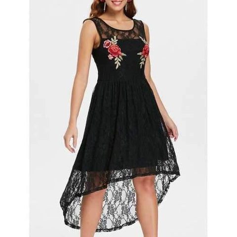 Scoop Neck Sleeveless Lace Dress - Black M