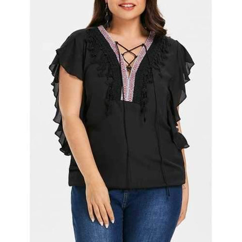 Plus Size Lace Up Ethnic Print Blouse - Black L